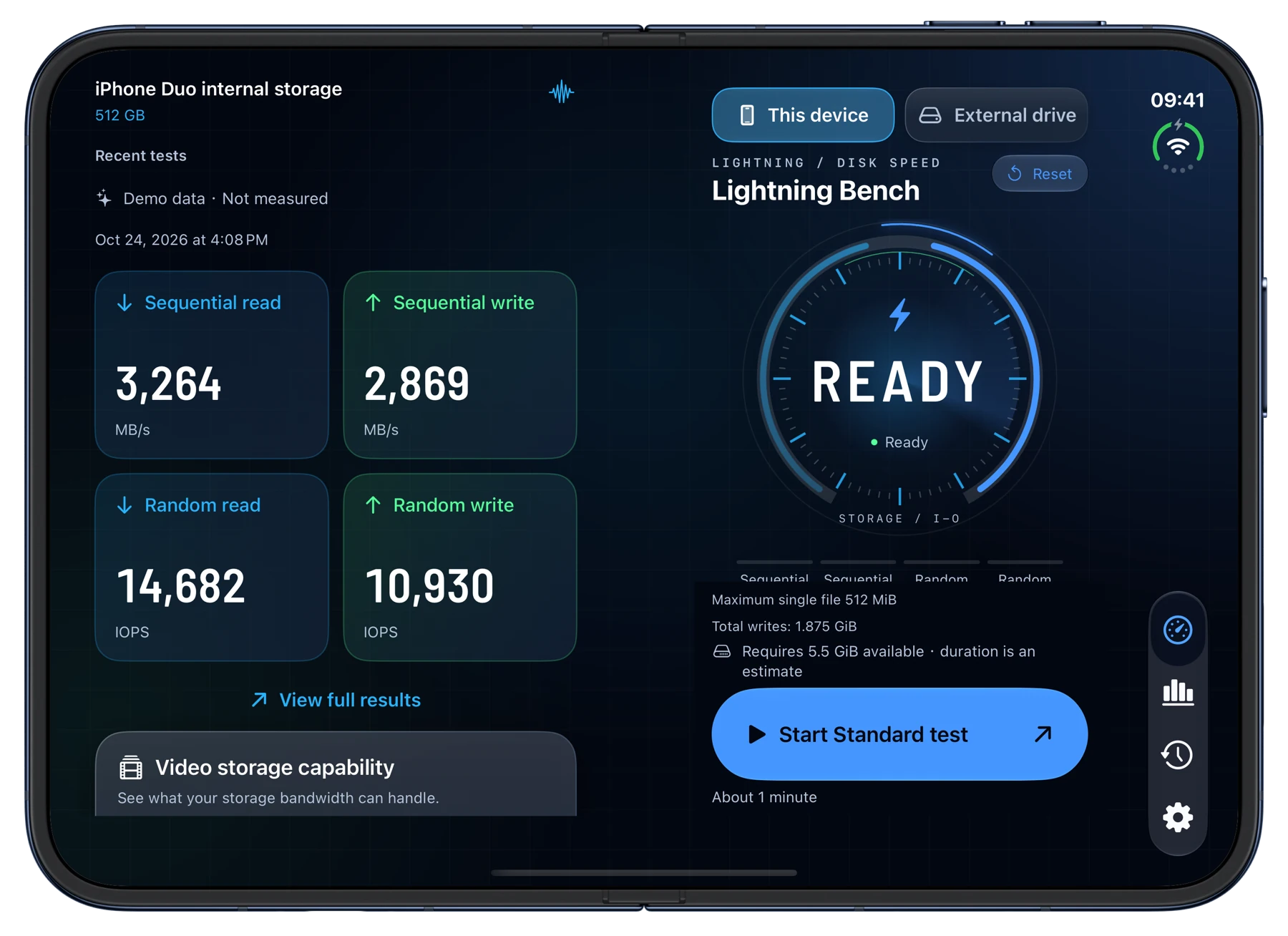 Lightning Bench on an unfolded iPhone Duo with the complete dashboard