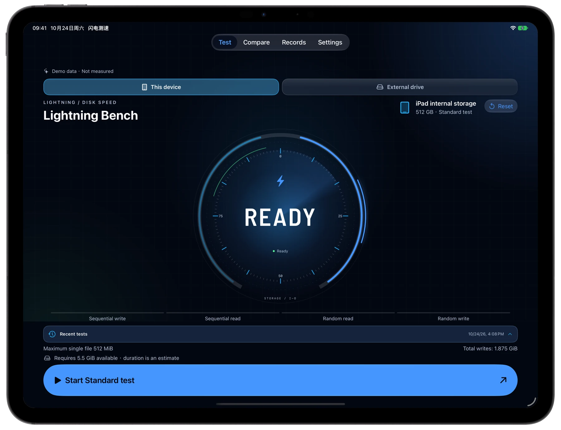Lightning Bench on iPad with the complete dashboard