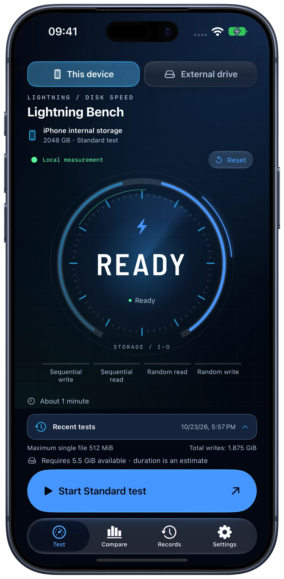 Lightning Bench dashboard on iPhone